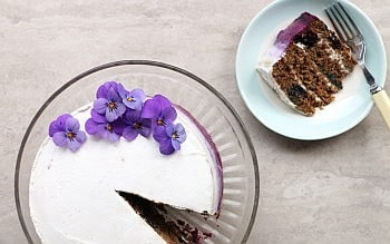 Blueberry teff cake with coconut frosting