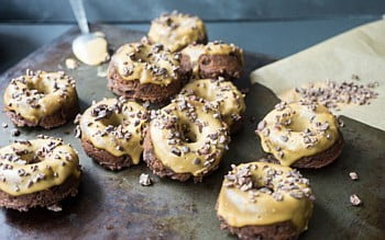 Chocolate peanut butter doughnuts with salted peanut butter glaze
