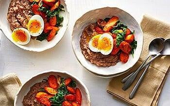 Teff polenta bowls with soft eggs and greens