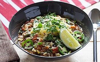 White bean and escarole chili with sharp cheddar